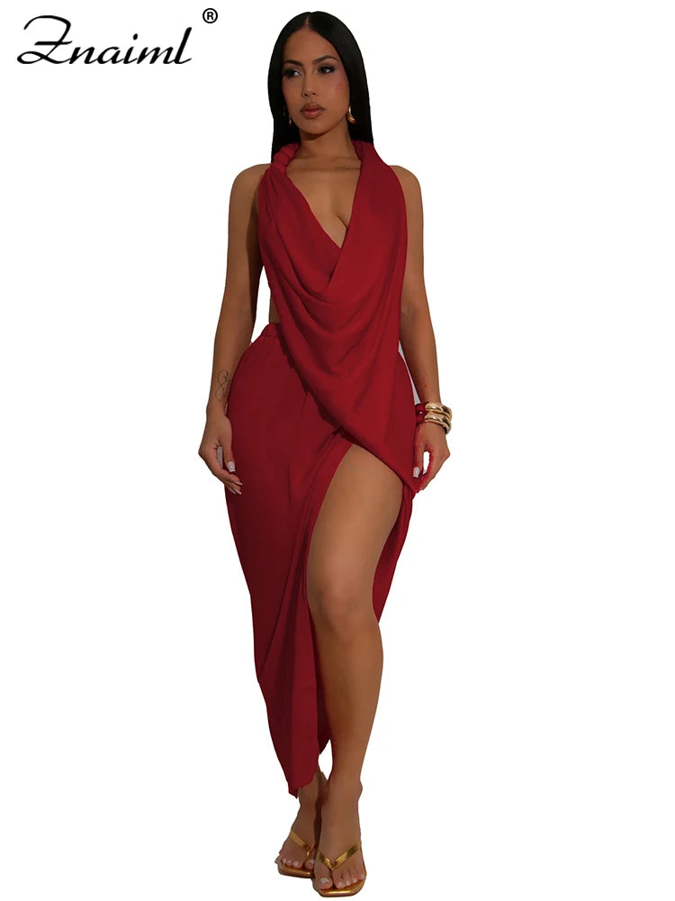 Znaiml Sexy Sleeveless Backless Halter Side Split Deep V-Neck Bodycon Dress Elegant Women Birthday Midnight Party Club Vestidos