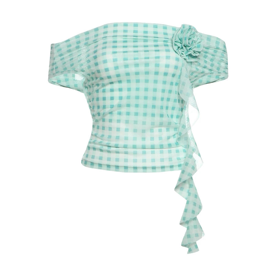Weird Puss Plaid Print Applique Tops Women Mesh See Through Off Shoulder Backless Tassel Hot Girls Street Fashion Trend T-Shirts