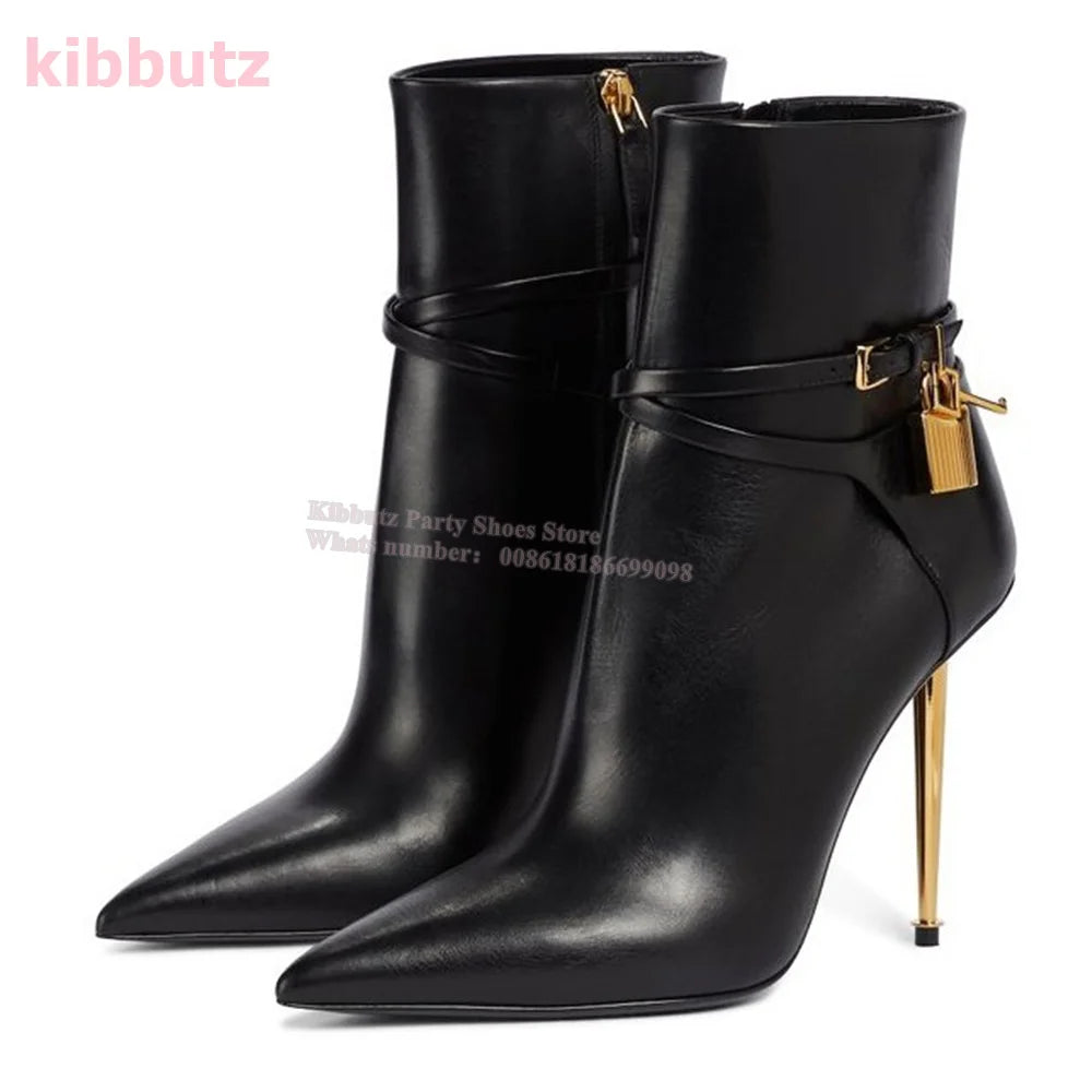 Metal Padlock Key Ankle Boots Genuine Leather Solid Color Pointed Toe Thin Heel Suede Side Zipper Fashion Runway Show Elegant
