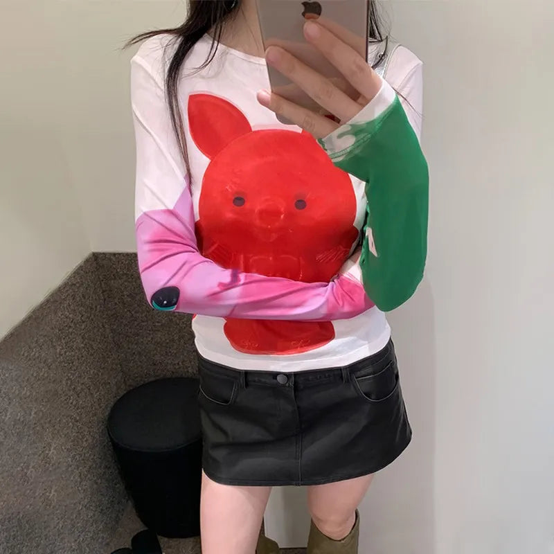 Karrram Y2k Aesthetics Mesh Tops Japanese Harajuku Cartoon Print T-shirt 2000s Vintage Cute T Shirt Korean Style Dopamine Tops
