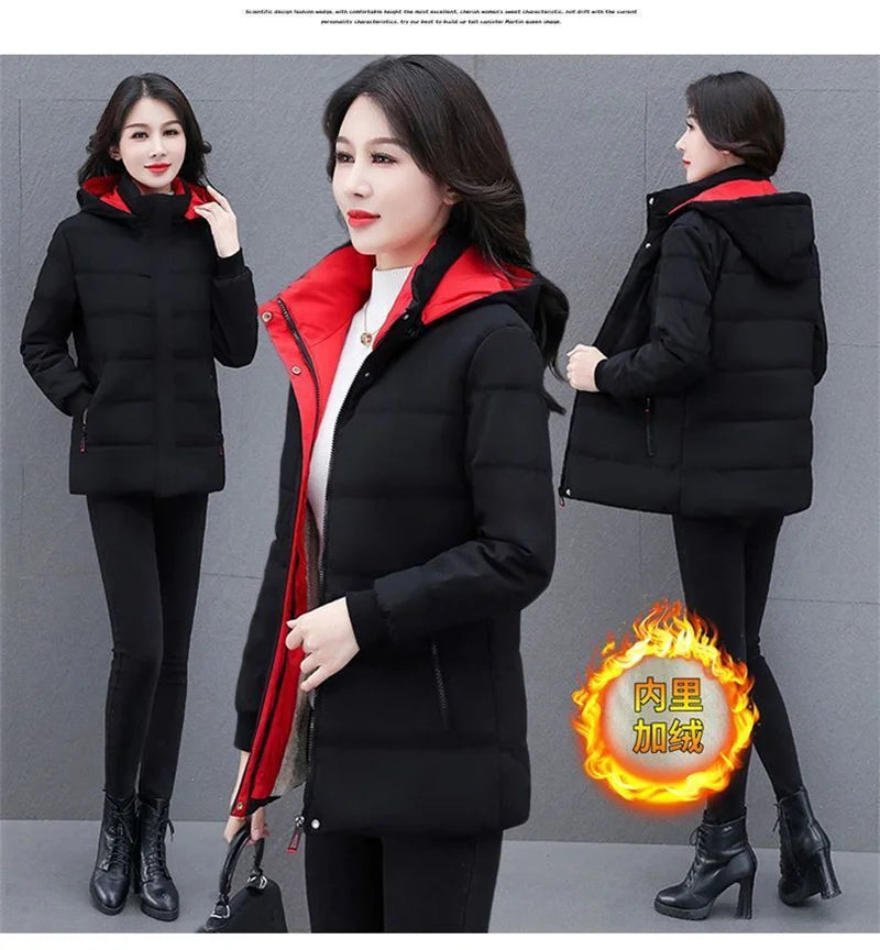 Detachable Hooded Parka Windproof jacket Female's winter jacket plush and Thickened High-End Women's Short Cotton Coat Patchwork