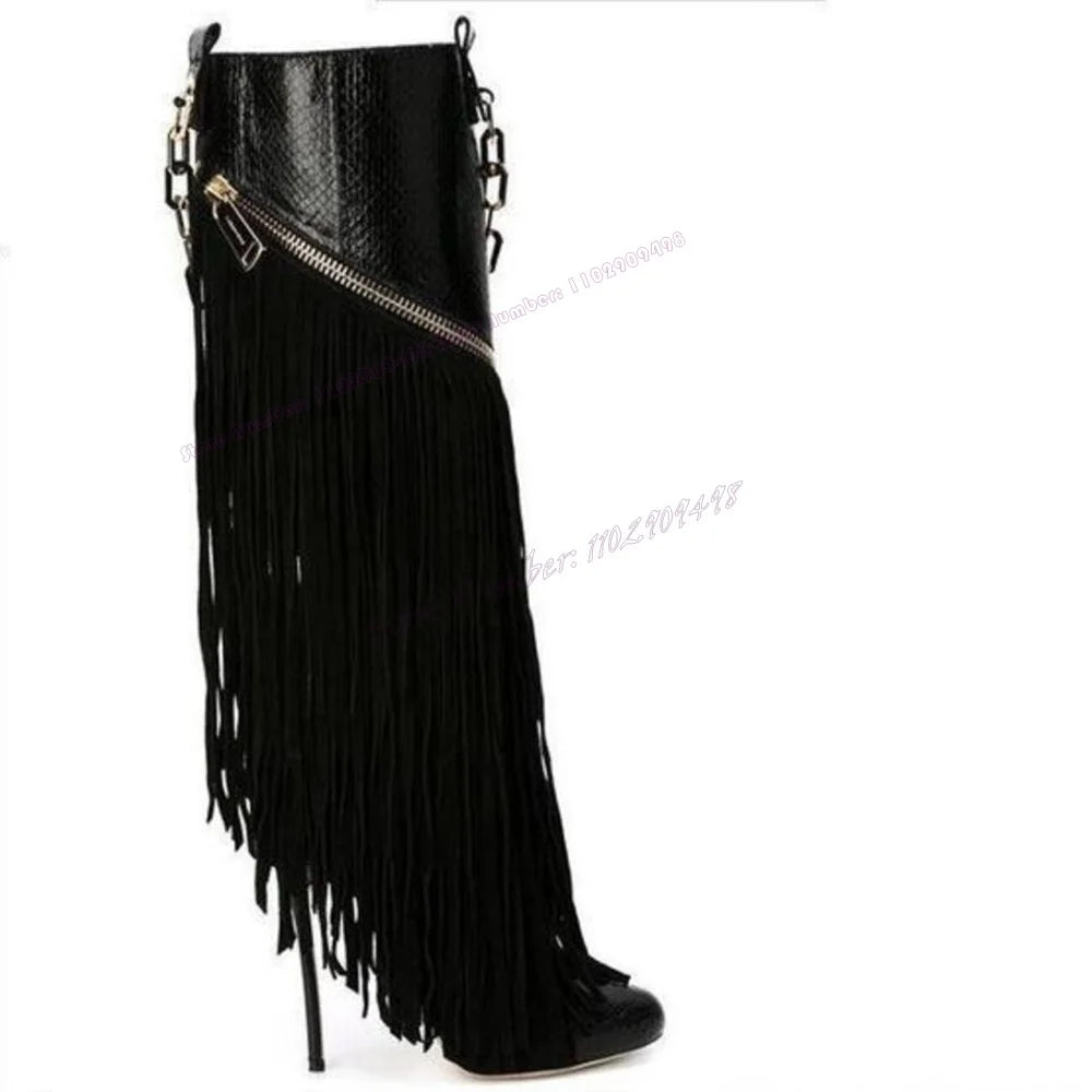 Black Tassel Metal Chain Boots Patchwork Round Toe Shoes for Women Knee High Thin High Heels Sexy Shoes 2025 Zapatos Para Mujere