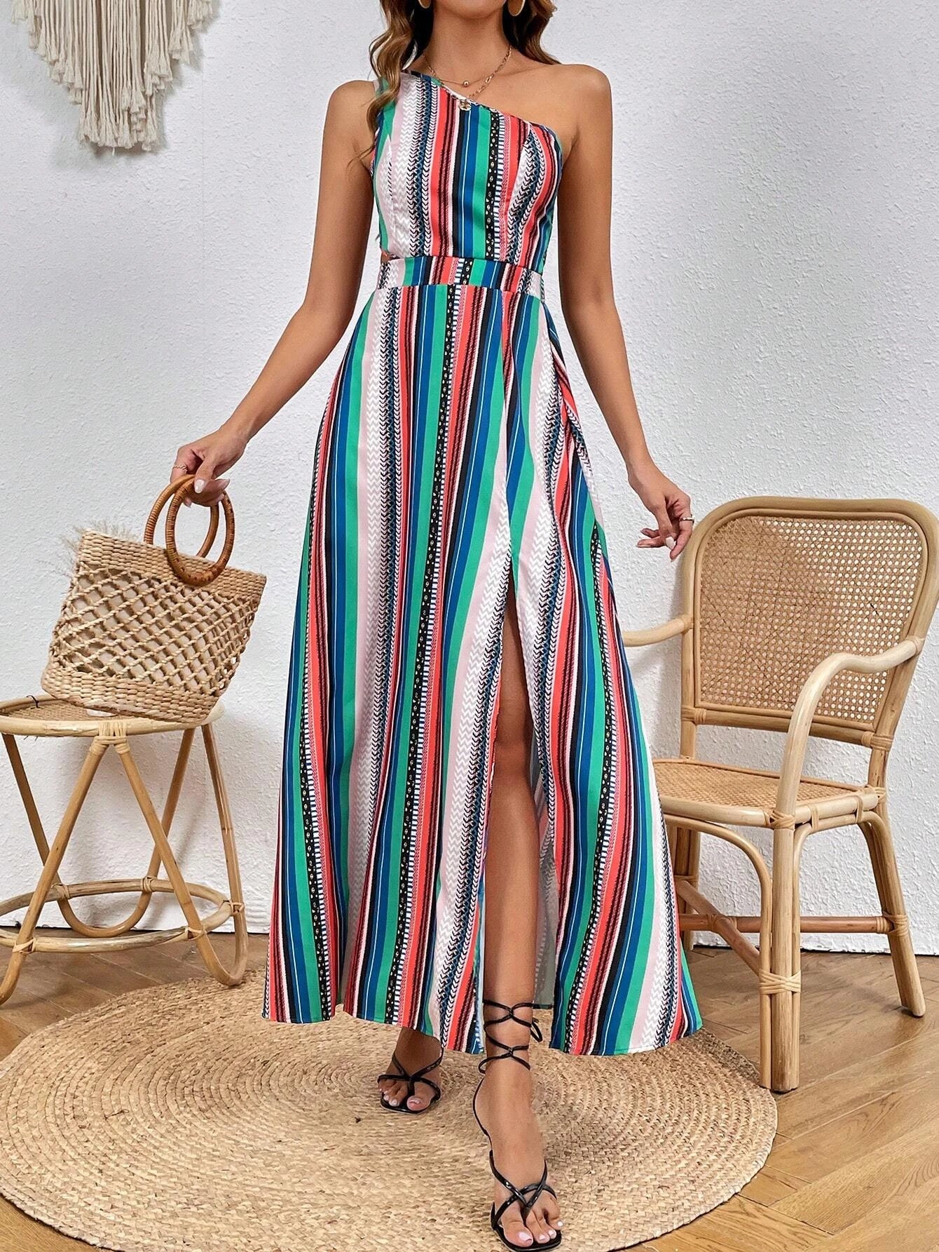 Striped Print One-Shoulder Dress Women Summer Sexy High Thigh Slit Bodycon Slim Fit Asymmetric Hem Vacation Beach Dress