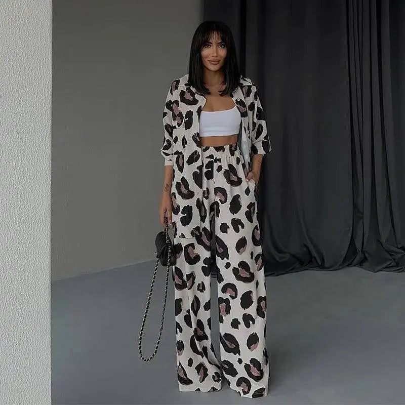 Fashion Leopard Print Women's Two Piece Sets Elegant Casual Button Streetwear Long Sleeve Shirt And Wide Leg Pants 2 Piece Sets