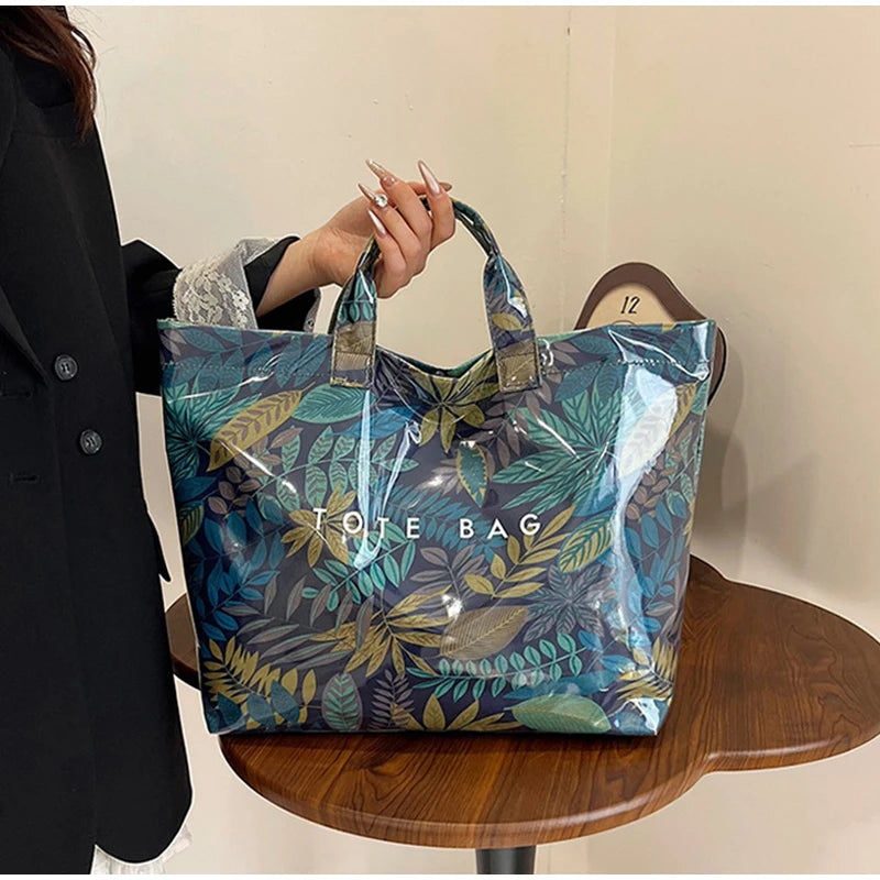 Leaf Print Handbag Pvc Fashion Transparent Waterproof Fashion High-end Shoulder Bag Large Capacity Commuter Tote Bag Shop Bag