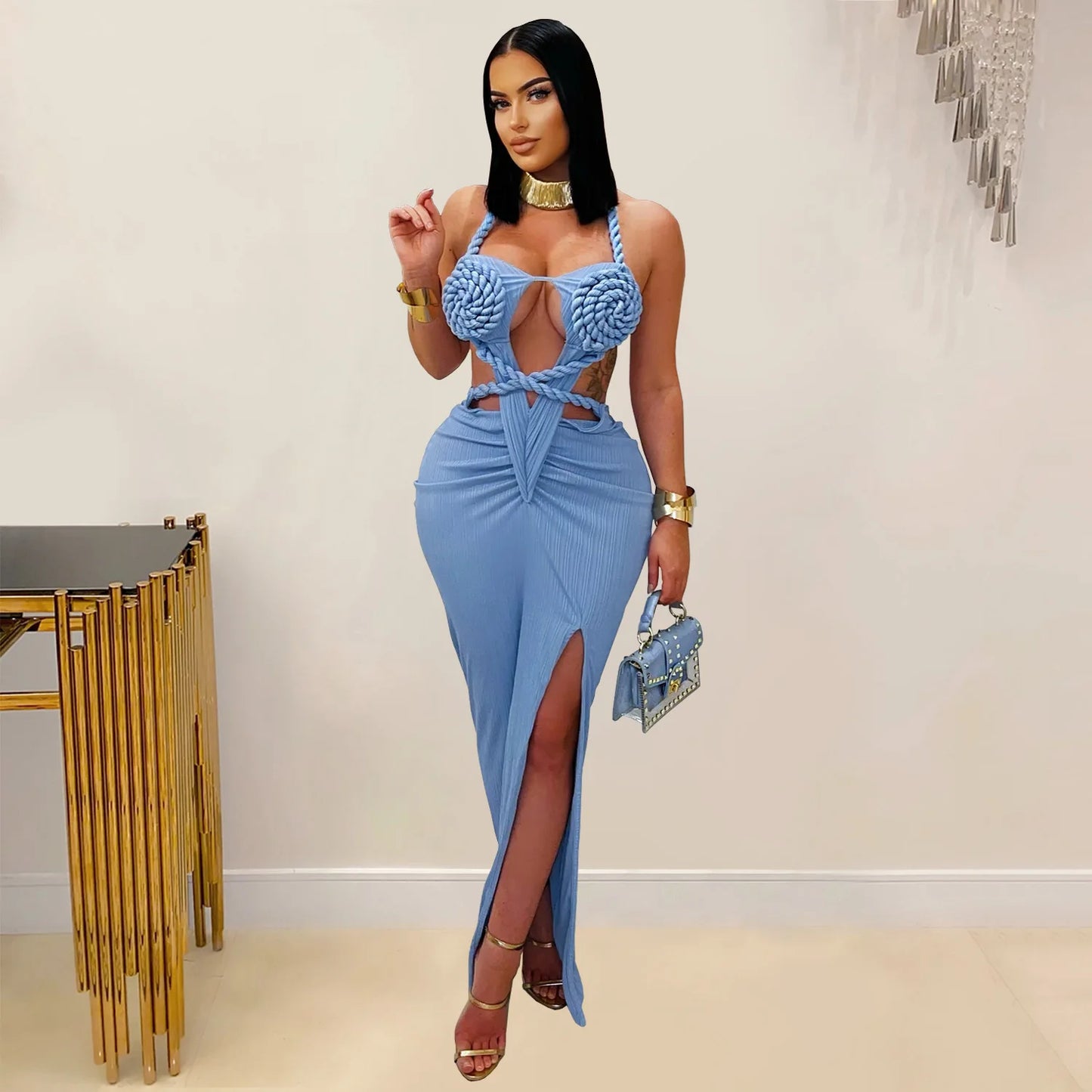 Joskaa Women's 2025 Summer Knit Halter Dress Sexy Hollow Backless Slit Bodycon Maxi Dresses Holiday Party Club Beachwear S-XXL