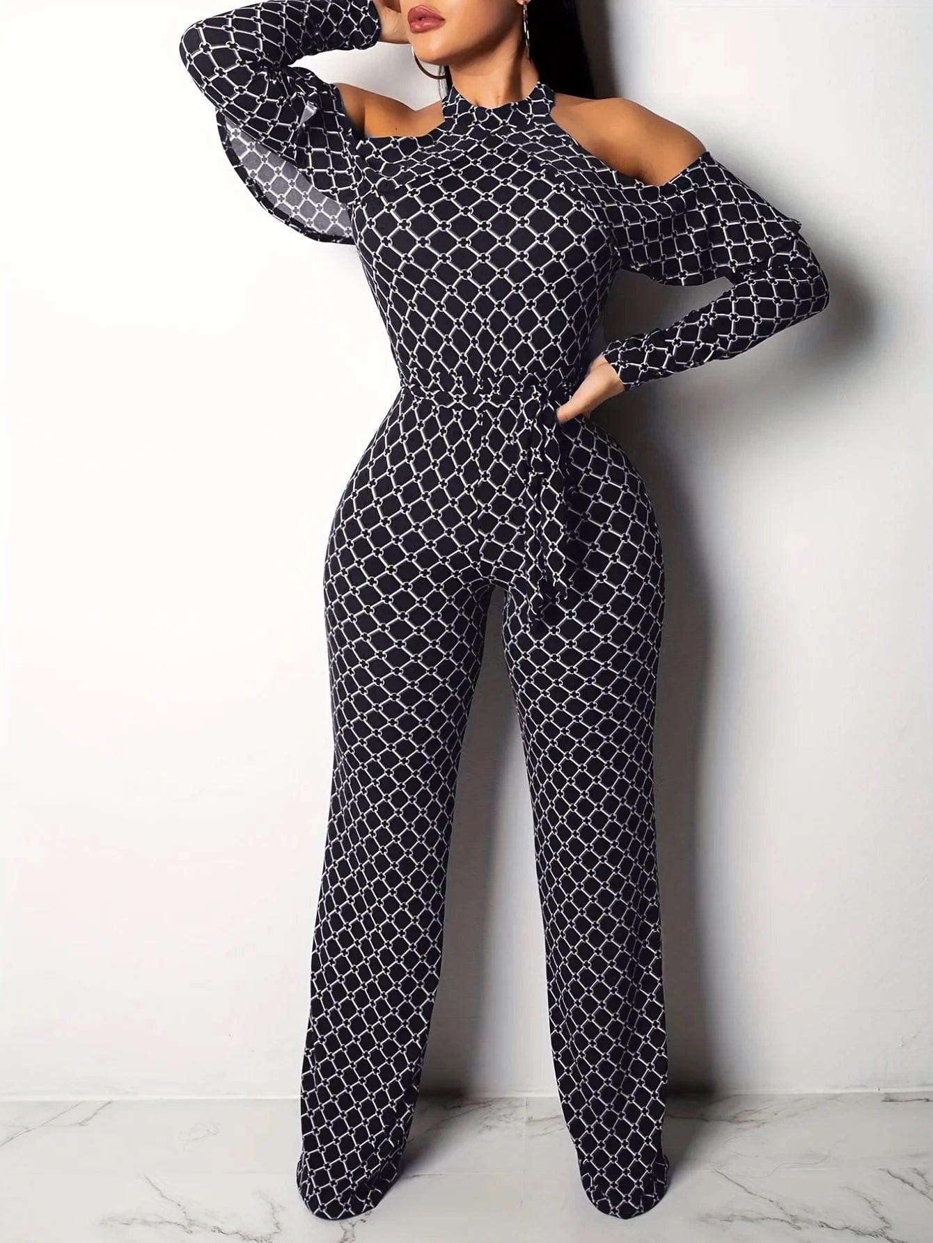 Plaid Print Rompers Womens Jumpsuit Off Shoulder Ruffles Long Sleeve Bandage Overall Elegant Belted Plus Size Wide Leg Bodysuit