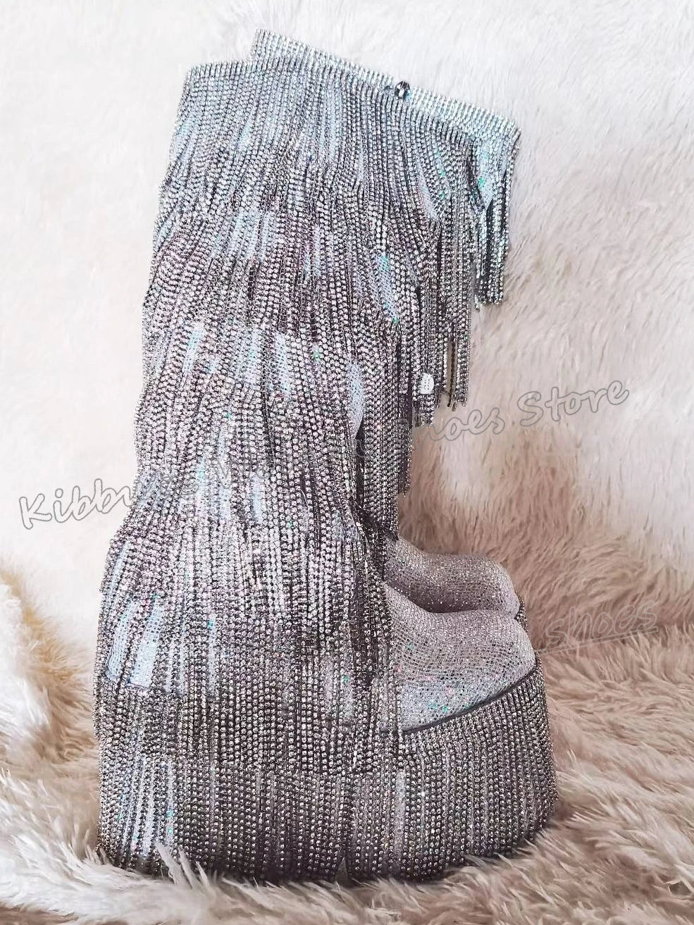 Bling Knee High Boots Platform Glossy Round Toe Thick Bottom Zipper Fashion Luxury Elegant Concise Sexy Novelty Women Shoes New