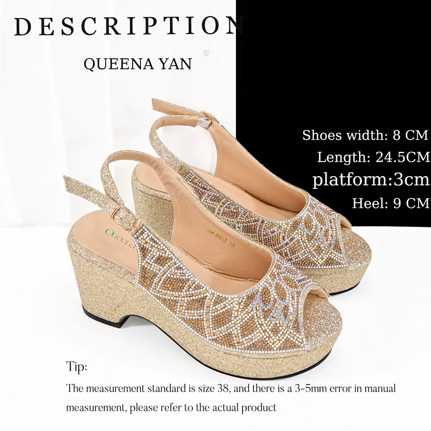 Queena Yan 2025 Italian design full rhinestone detailing comfort platform heels and matching bag Women's Fashion Peep Toe Shoes