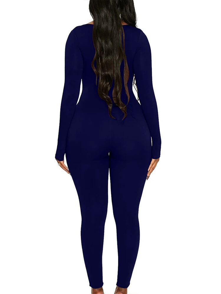 Spring Summer New Women's Long Sleeve Solid Color Skinny Jumpsuit Fashion Sports Fitness Pullover Casual Wear