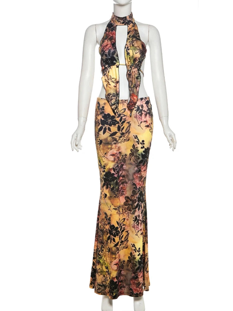 kliou Y2K Print Sexy Women 2 Piece Set Trend Sexy Hot High Street Halter Crop Tanks+Matchig Skirts Mujer Attractive Party Suits