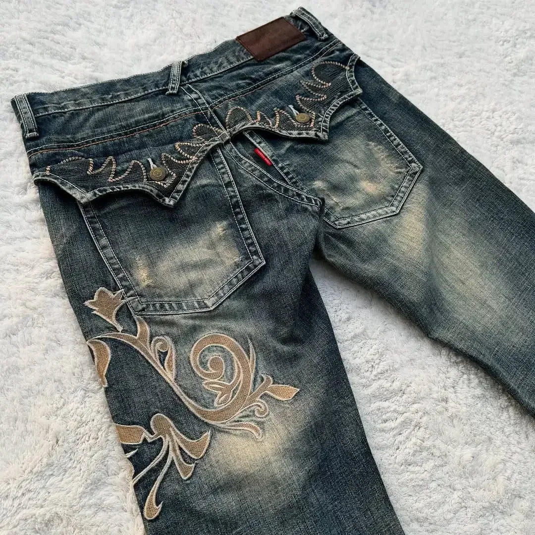 Retro Shallow Water Washing High-bright Lines Thorn Art Embroidery Pattern Y2K Blue Jeans Women's Personalized Micro-flare Pants