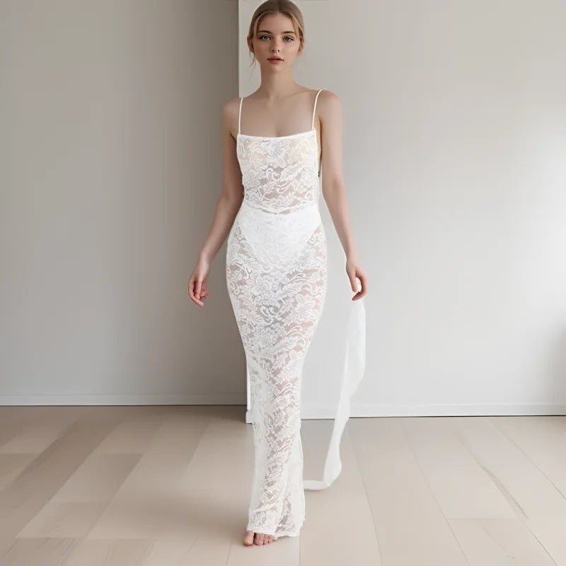 CM.YAYA Women lace Sleeveless Strap Floral Backless Sleeveless Sexy Party Bodycon Midi Maxi Long Dress 2025 Dresses Vestidos