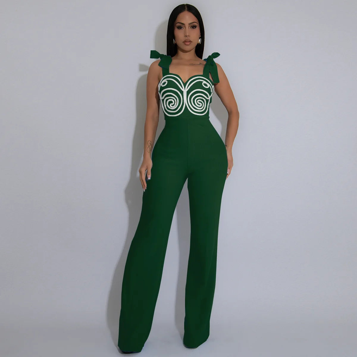 GLCMYAYA Women Geometric Applique Bowknot Shoulder Sleeveless Jumpsuits 2025 Summer Vacation One Piece Set Streetwear Outfits