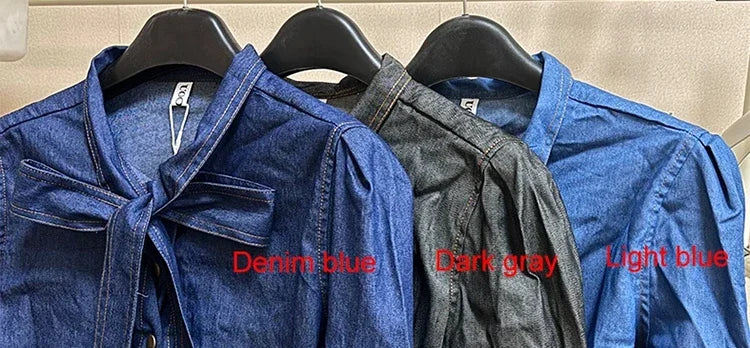 Beautyblue Denim Shirt Woman Short Sleeve Bow-Embellished Tops Summer Casual Streetwear Buttoned High Neck Puff Sleeves Blouses