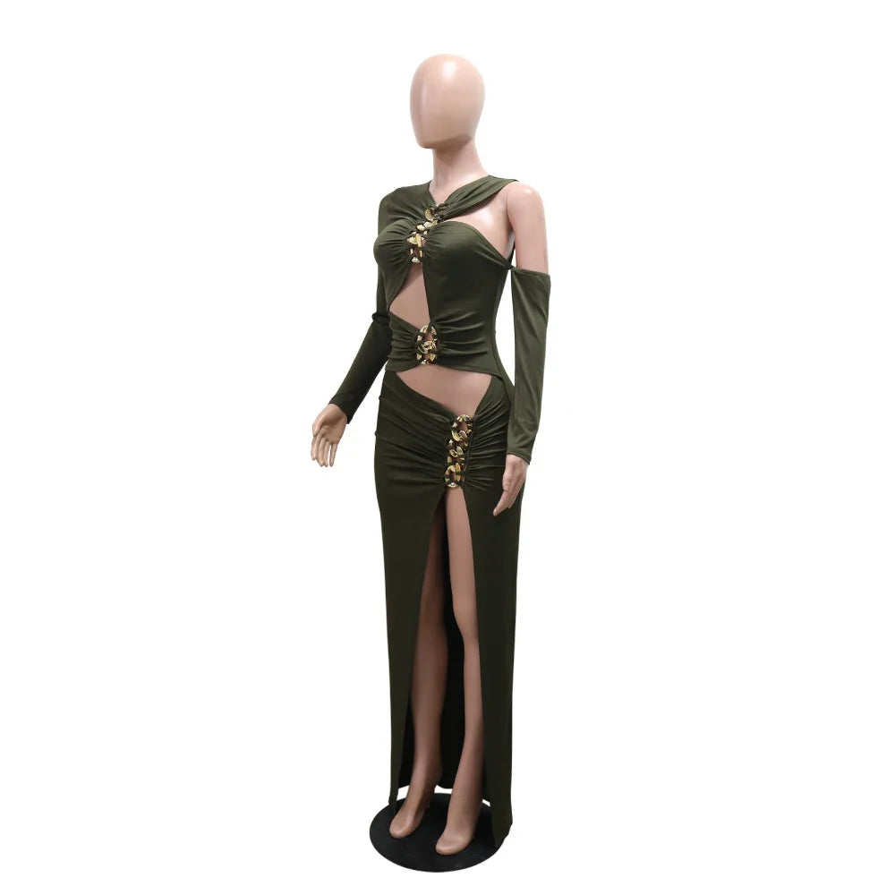Joskaa Elegant Metal Decoration Hollow Birthday Dress Woman Sexy Irregular Full Sleeve High Split Maxi Dresses 2025 Clubwear