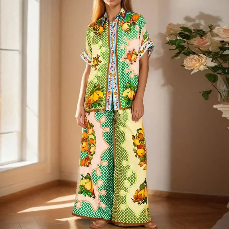 Long Sleeve Long Pant Sets Women Retro Lapel Single Breasted Blouses Trousers 2 Piece Set Printed Color-blocking Elastic Waist