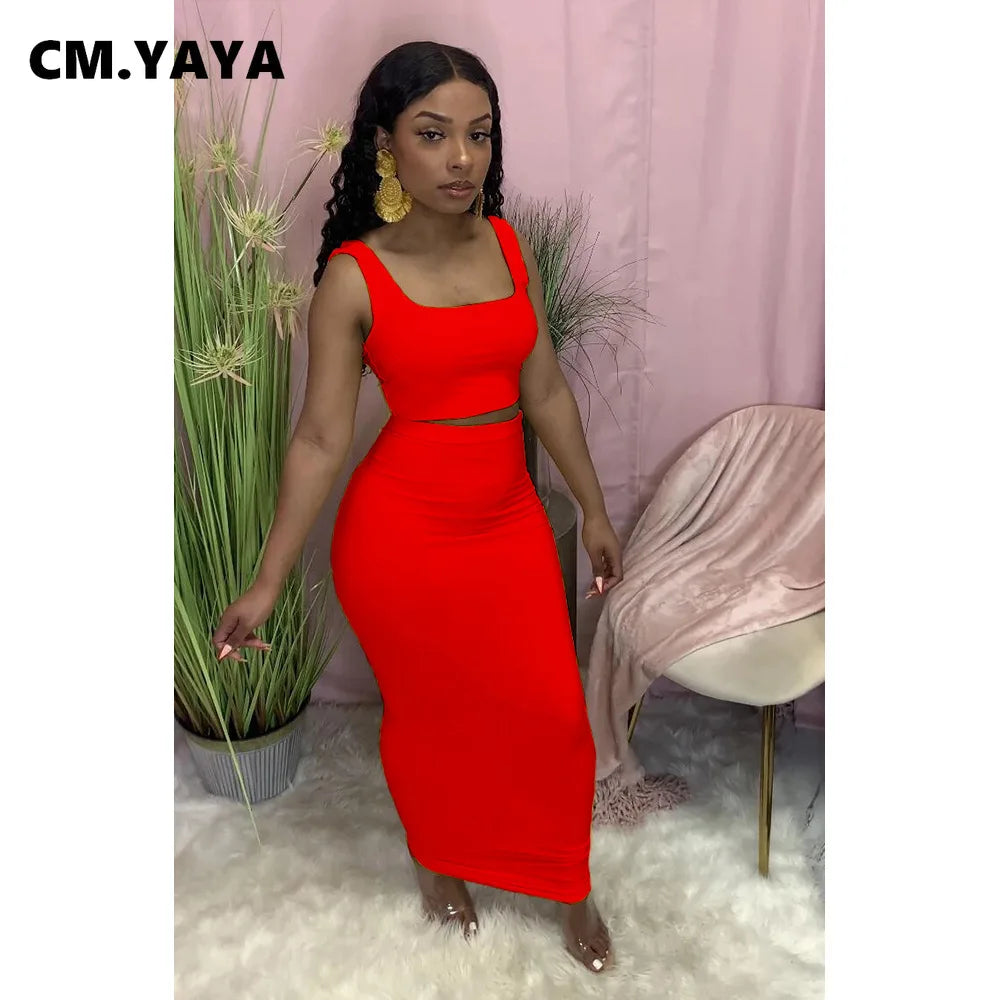 CM.YAYA Women Set Solid Sleeveless Strap Square Collar Crop Tops Stretchy Long Skirts Two Piece Set Sexy Fashion Outfits Summer