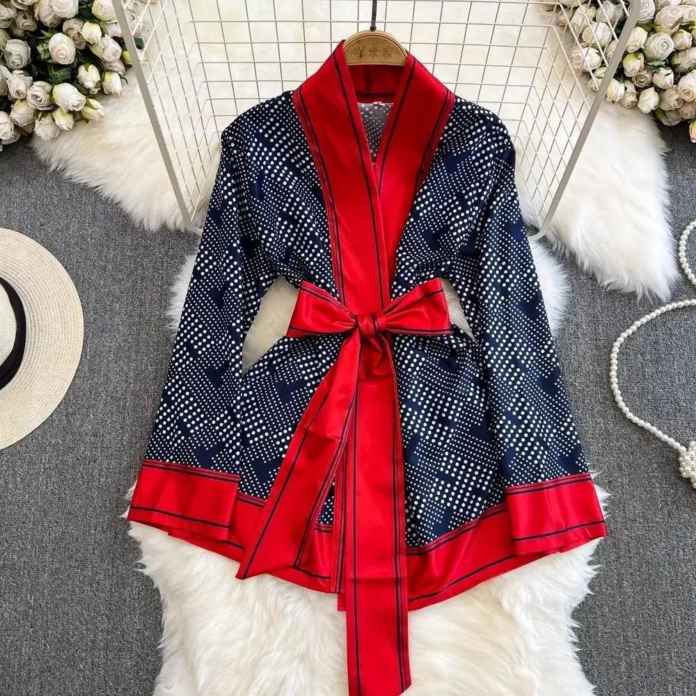 Women Contrast Dot Print V-Neck Loose Lace Up Top+Elastic Waist Wide Leg Pant Suit Autumn Fashion Kimono Cardigan Two Piece Set