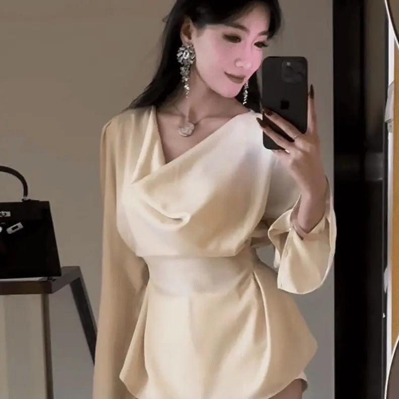 Silk Satin Basic Blouse Women Luxury Elegant Flare Long Sleeve Shirt Lady Bandage Tunic Top Korean Office Casual
