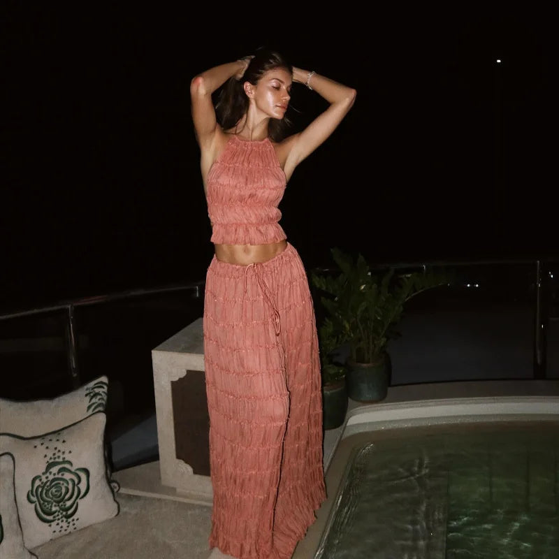 Chic Ruffle Long Skirt 2-piece Set Women Fashion Slim Fit Backless Sleeveless Elastic Halter Vest Suits 2025 Summer Y2k Outfits
