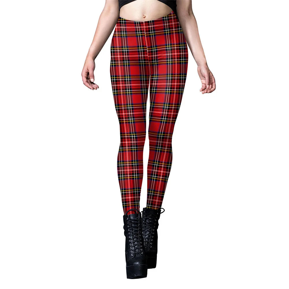 FCCEXIO Christmas Tree Print Leggings Women Party Sexy Tights Mid Waist Snowflakes Red Plaid Trousers Girls Casual Pants Bottom