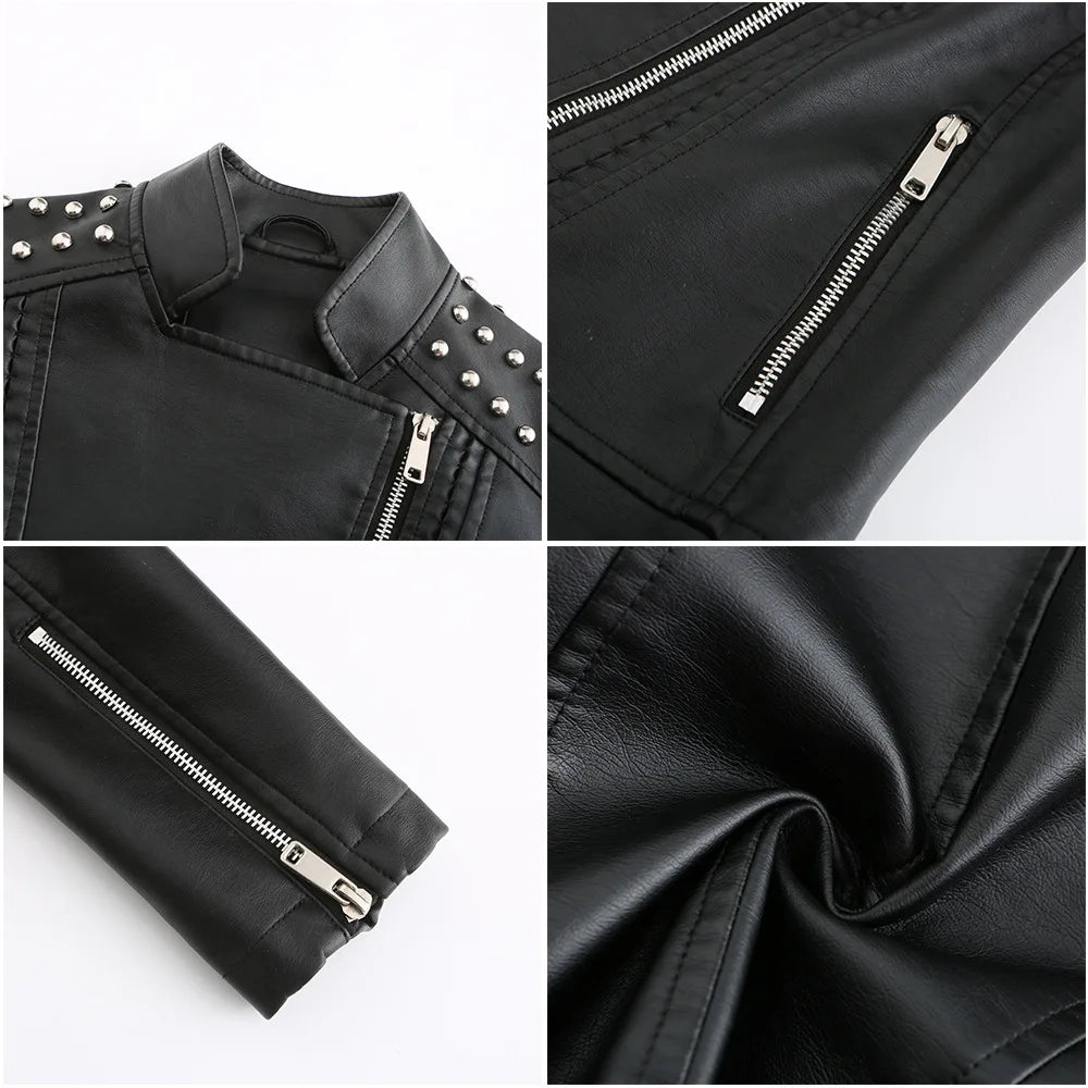 Women's Punk Rivet Leather Jacket Spring Autumn Retro Turndown Collar Slim Casual Ladies Faux Soft Leather Moto Biker Outerwear