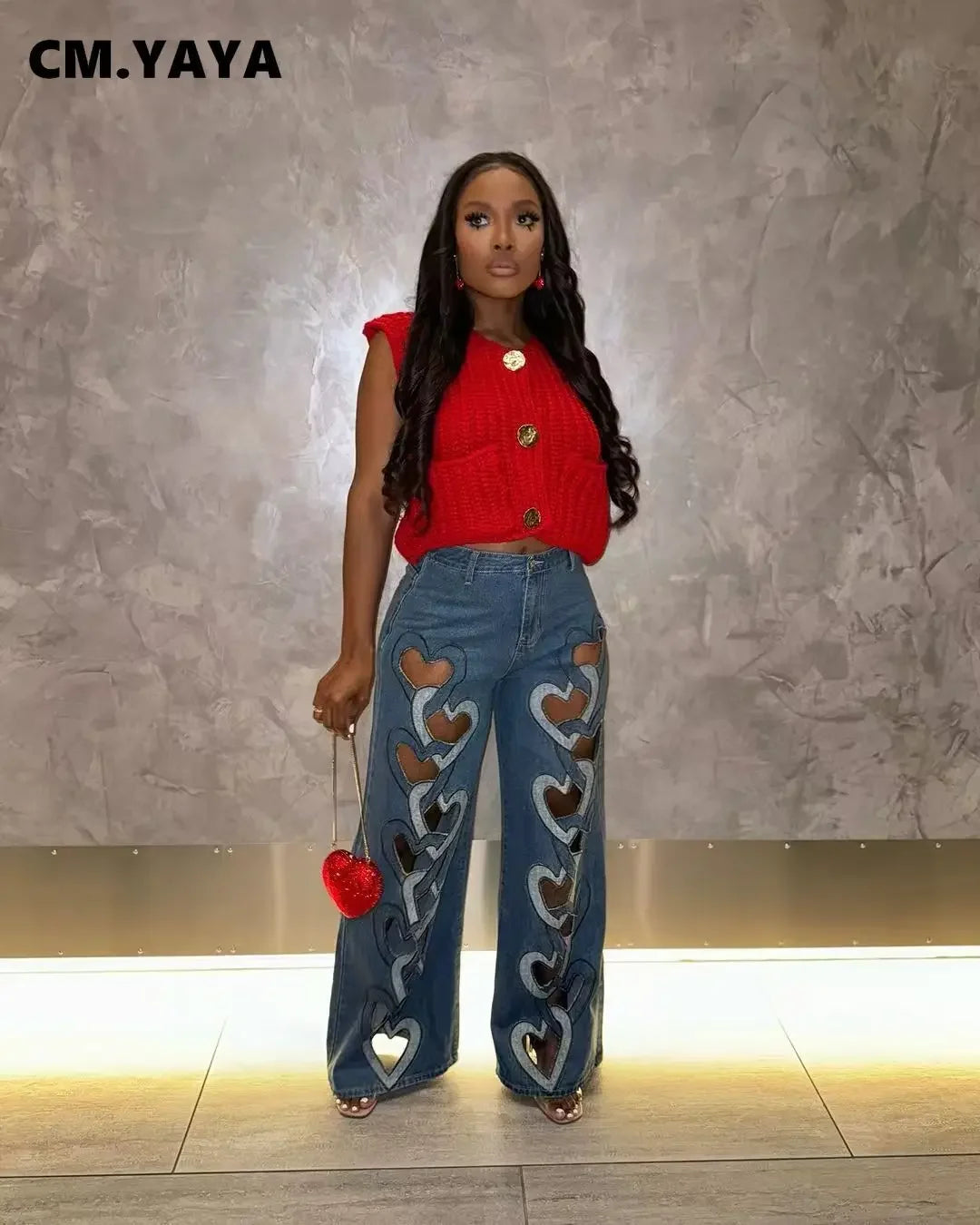 CM.YAYA Women Vintage Cutout Love Hollow Out Cross Straight Denim Pants 2025 Fall Fashion INS High Waist Wide Leg Jeans Trousers