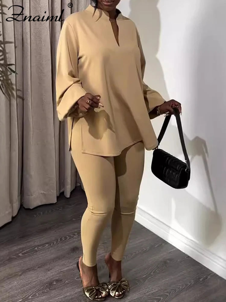 Znaiml Causal Solid Women Two 2 Piece Outfit V Neck Loose Fit Tops and Legging Jogger Pants Matching Sets Streetwear Tracksuits