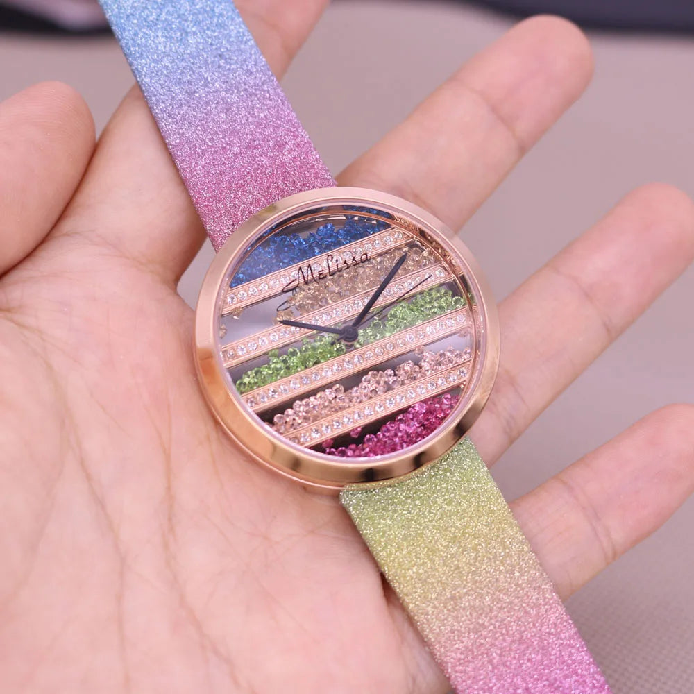 Luxury Unicorn Melissa Women's Watch Rhinestone Crystal Fashion Hour Real Leather Bracelet Clock Girl's Birthday Gift Box