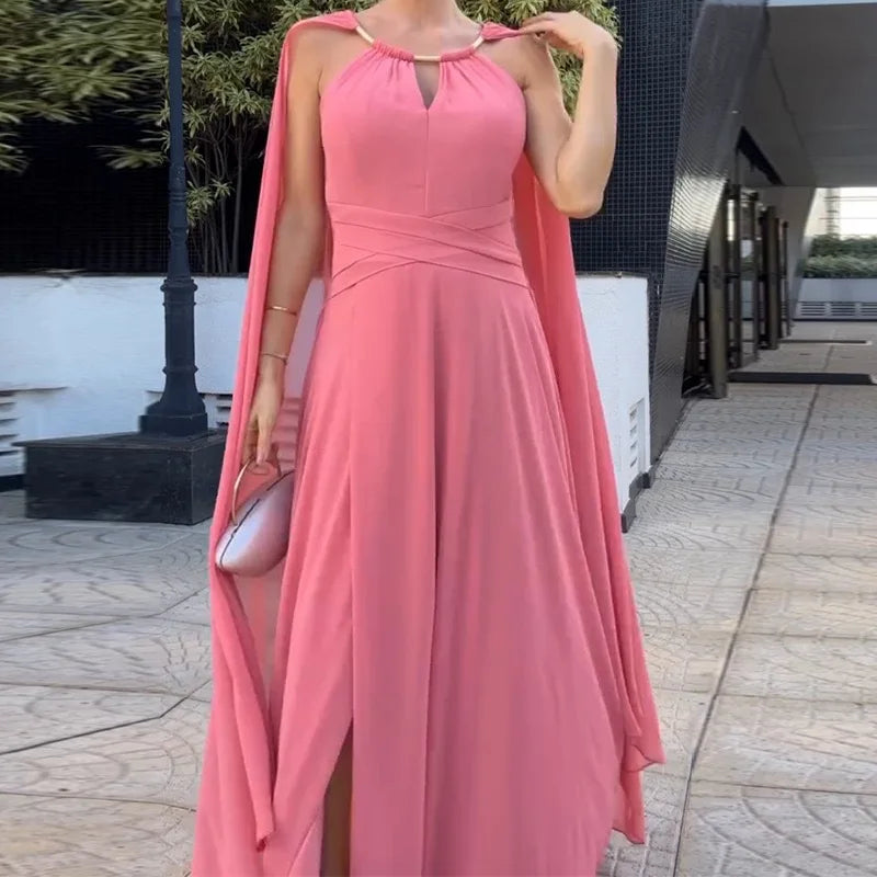 New 2025 Chiffon High Waist Pleated Long Dress Women's Fashion Cocktail Dress Elegant O-neck Flying Sleeves Solid Evening Dress