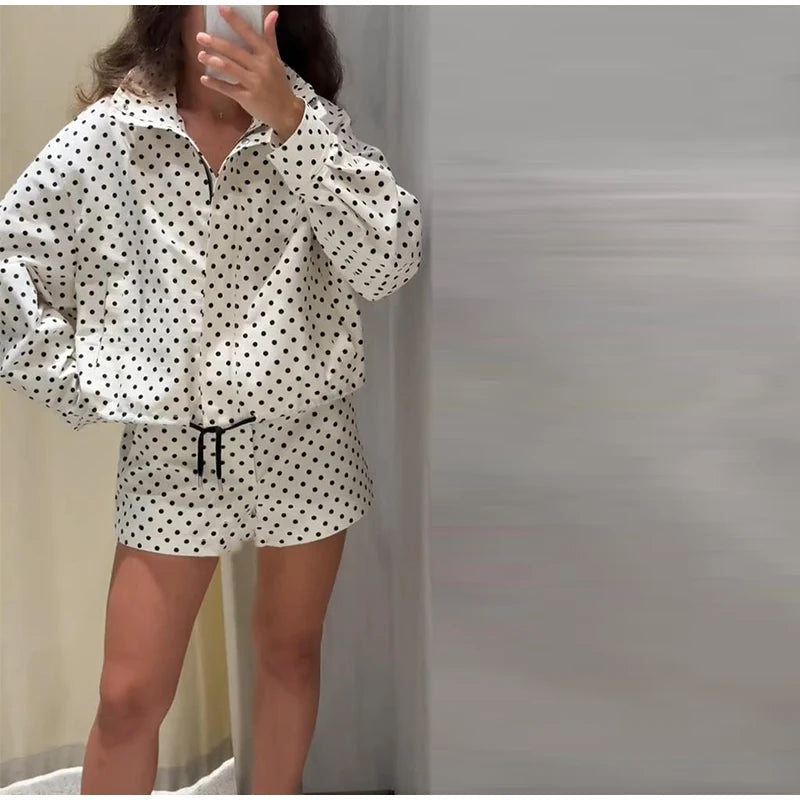 Loose Polka Dot Zipper Women's Shorts Set Stand Collar Patchwork Full Sleeve Pockets Jacket Tie Up Short Pant Suit Summer Outfit