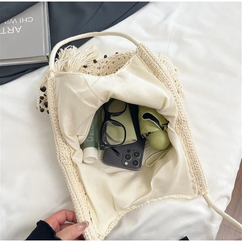 Hollow Crochet Women Bags Bohemian Large Capacity Handbags Korean Popular Bag New Tassel Cotton Shopping Bag Shoulder Bag Women