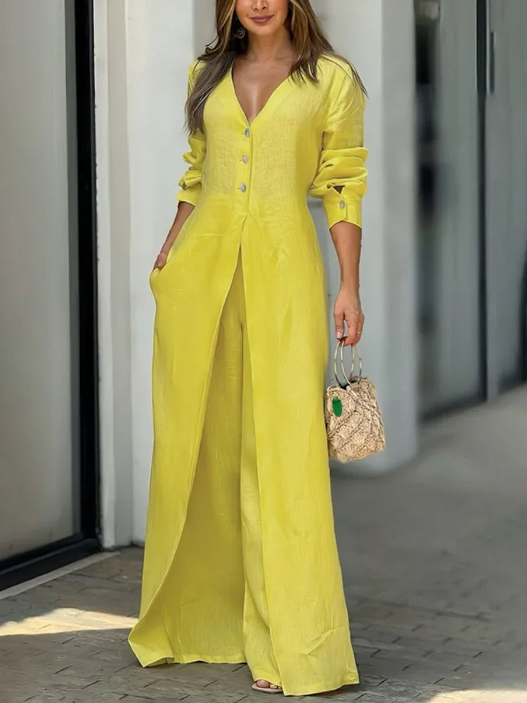 BeautyBlue Jumpsuits for Women V-neck Overalls 2025 New Elegant High Waisted Buttoned Pockets Solid Color Office Jumpsuit Female