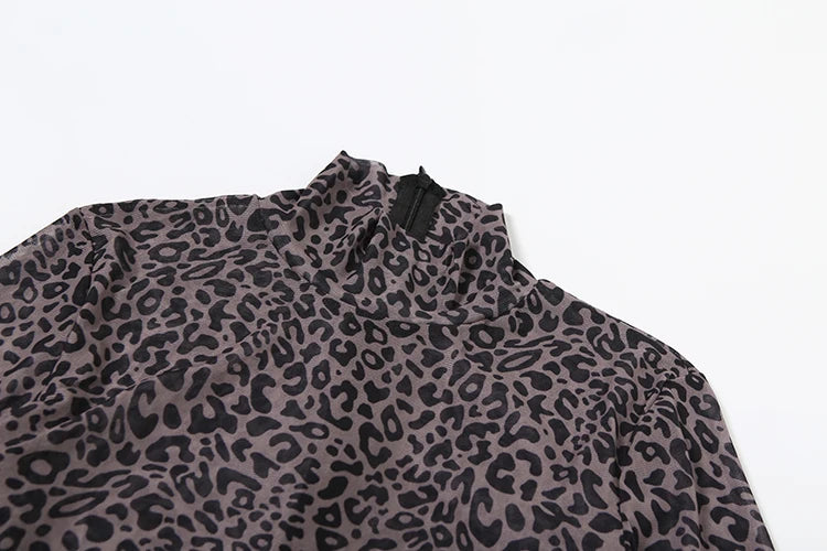 Weird Puss Leopard Print Romper Women See Through Sexy Full Sleeve Turtleneck Fall Fit Skinny Playsuit Stretch Midnight Clubwear