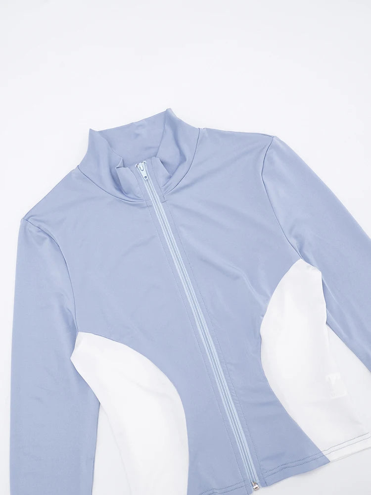 Weird Puss Contrast Patchwork 2 Piece Set Women Tracksuit Sporty Zip Full Sleeve Jacket+Skinny Leggings Daily Casual Streetwear