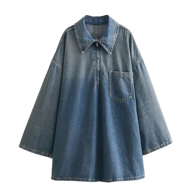 Joskaa Fashion Blue Denim Dress Women Hipster Lapel Zipper Pocket Full Sleeve Loose Mini Dresses 2025 Spring Vintage Streetwear