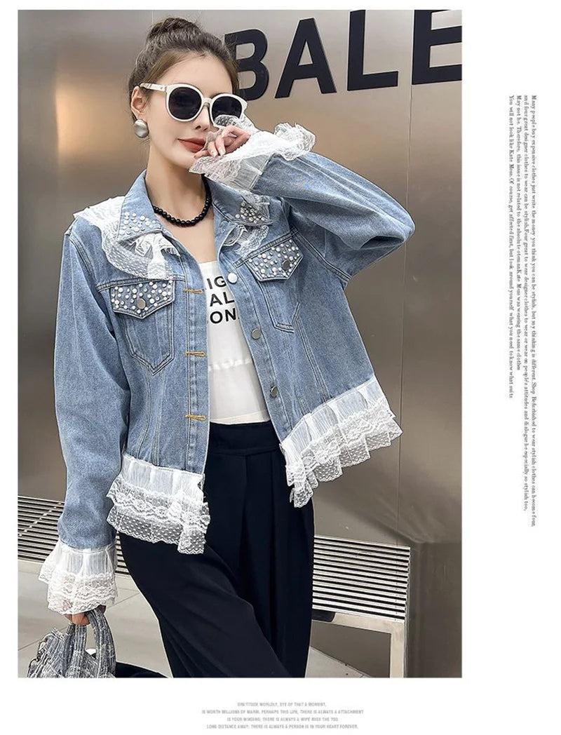2025 Spring Autumn Women's Nail Bead Short Denim Jacket Female New Korean Version Design Sense Fashionable Lace Edge Jacket Top