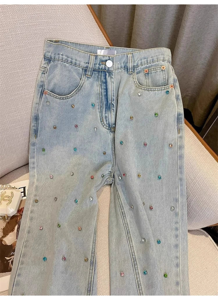 Women Diamonds Denim Pant Korean Fashion High Street Straight Ankle-Length Jeans Spring Autumn All-Match Office Lady Long Pants