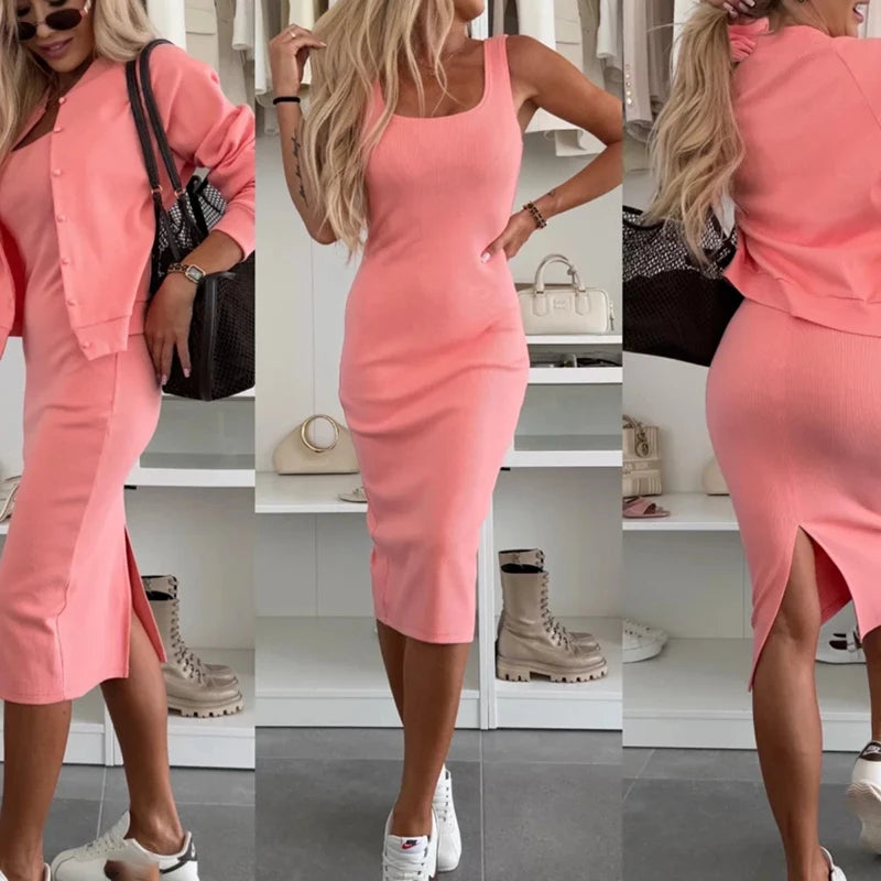 Casual Commuting Suspenders Dress Outfit Elegant Solid Color Party Two Piece Set Spring Autumn Long Sleeved Cardigan Women Suit