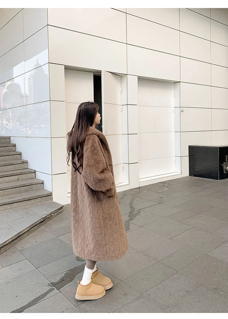  2025 Winter New Thick Women's Long Imitation Mink Plush Cardigan With Integrated Fur Eco-Friendly Hooded Fur Coat Solid Color