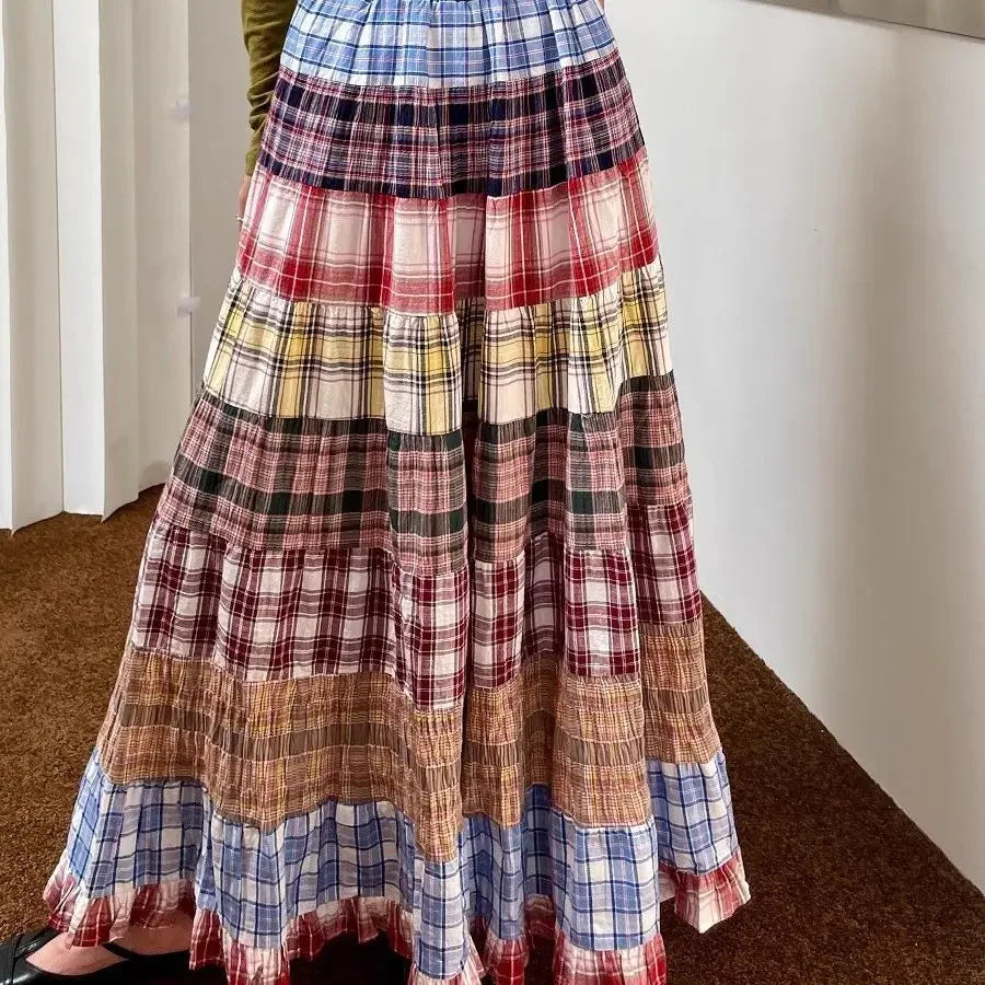 High Waist Plaid Patchwork A- Line Midi Skirt Women's Spring 2025 New Design Retro Unique Long Umbrella Skirt Polyester Fiber