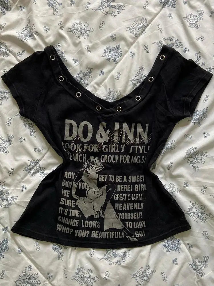 Millennial Retro Black Letter T-Shirt Gothic Rock Punk Short-sleeved Two-piece Set Harajuku Style Y2k Hip Hop Hot Girl Top