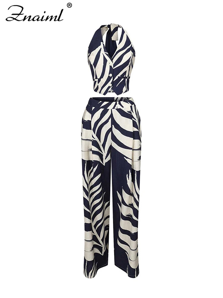 Znaiml Sexy Boho Leaf Printed Wide Leg Pants Sets for Women Halter Sleeveless Crop Tops and Trousers Two 2 Piece Vacation Outfit