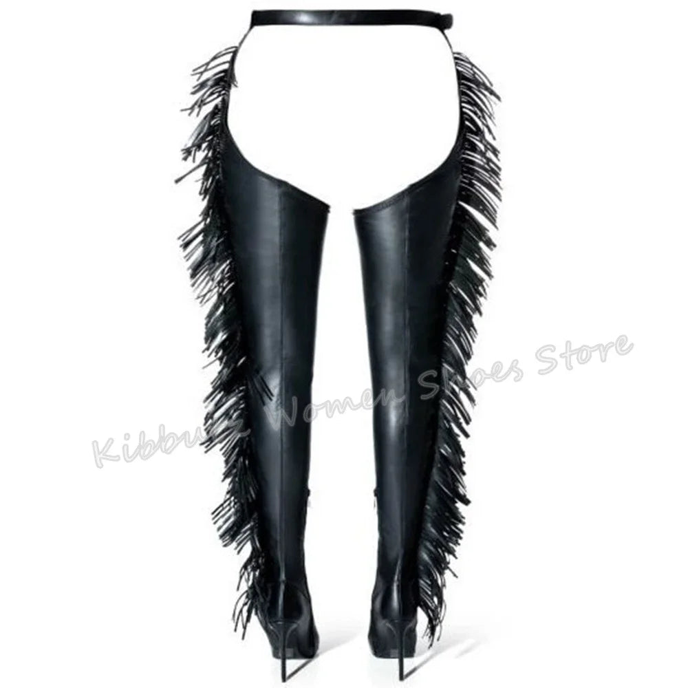 Fringe Belted Thigh High Boot Over The Knee Pointed Toe Thin Heel Side Zipper Solid Color Suede Fashion Novelty Concise Sexy New