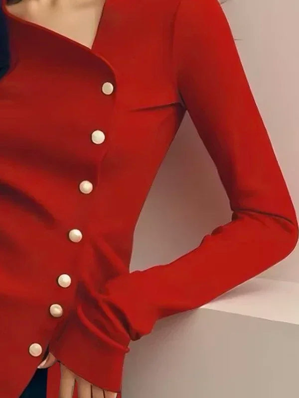 Long Sleeve T-shirt Women Skinny Clothies 2025 Fashion Pearl Buttons V-neck Irregular Red Black Casual Female Y2k Tops