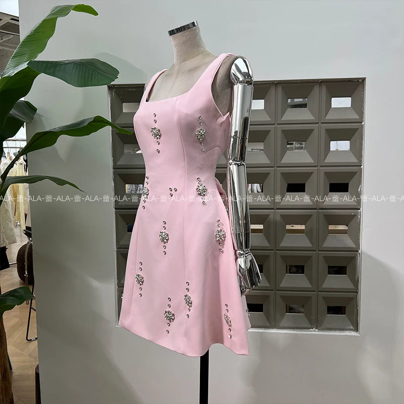 High-end Light Luxury Party Dress 2025 Summer Clothes New Heavy Industry Diamond Square Collar Waist Halter Bow Short Dress