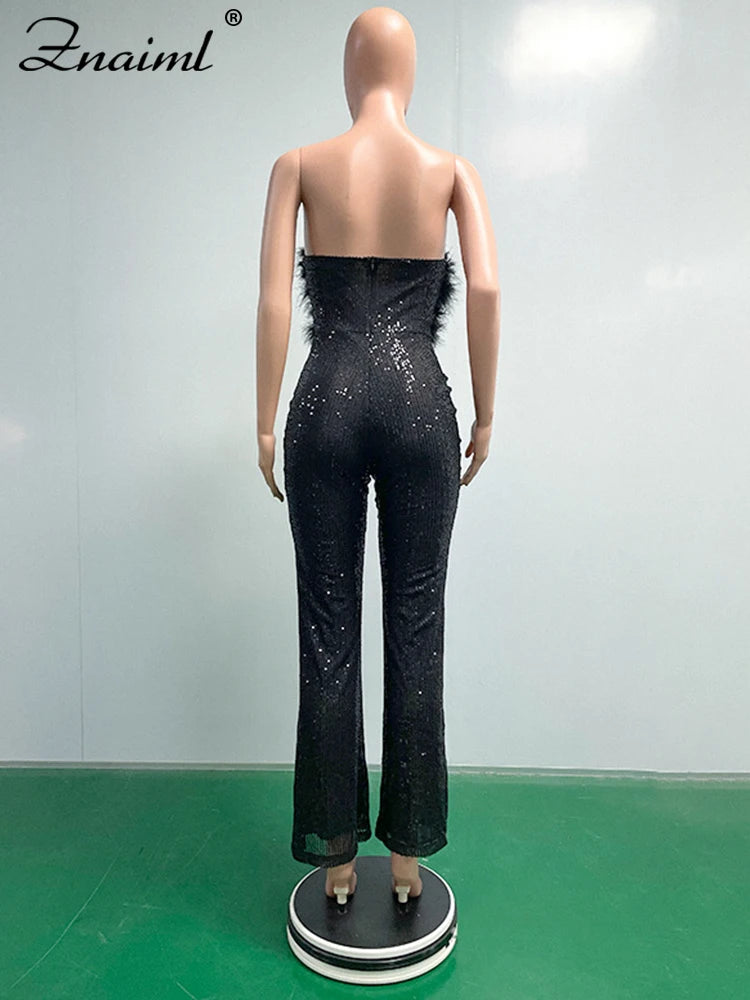 Znaiml New Luxury Sequins Jumpsuit with Colorful Feathers Sleeveless Shiny Dress Women's Evening Birathday One Pieces Rompers
