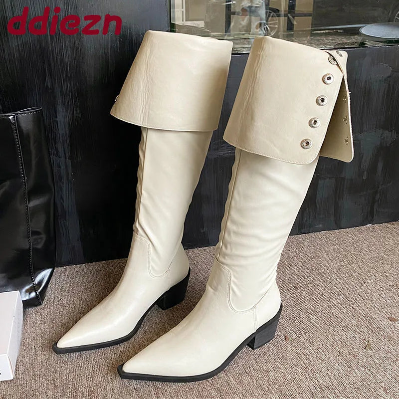 Modern Ladies Knee High Boots With Heels Shoes Female Slip On Footwear Fashion Pointed Toe Women Long Boots Pumps Shoes lady