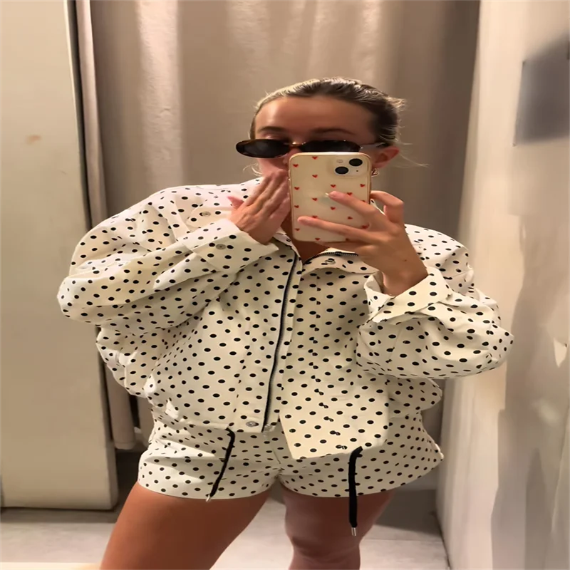 Loose Polka Dot Zipper Women's Shorts Set Stand Collar Patchwork Full Sleeve Pockets Jacket Tie Up Short Pant Suit Summer Outfit